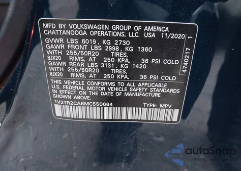 2021 Volkswagen Atlas 3.6L V6 Sel Premium z USA, uszkodzony, nr VIN 1V2TR2CA6MC550664